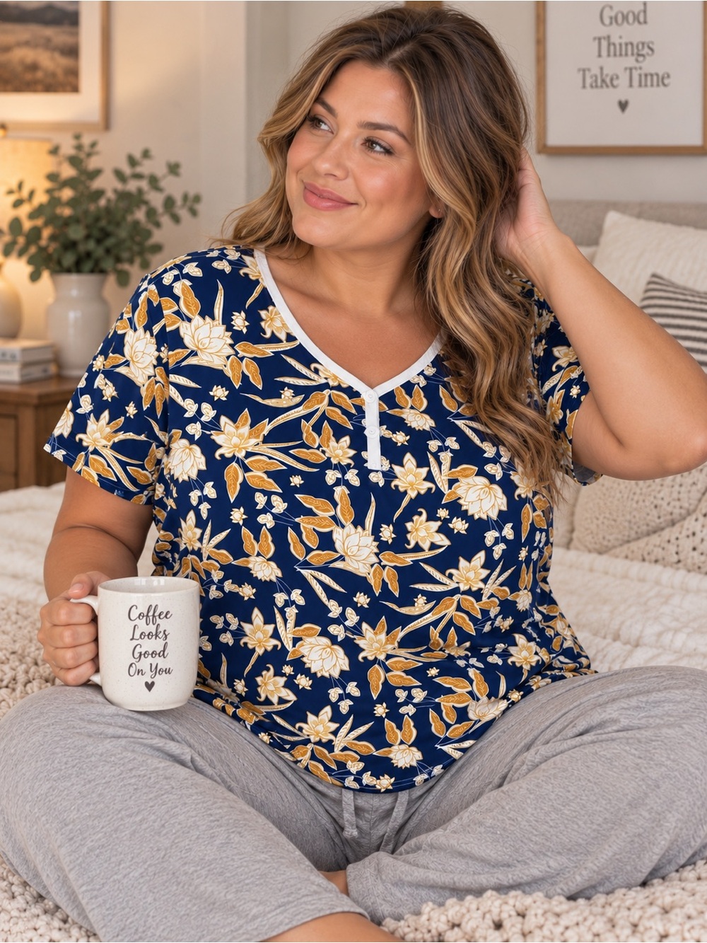 Ekouaer Navy Floral Lounge Top Henley V-Neck Short Sleeve Pajama Shirt Resort L